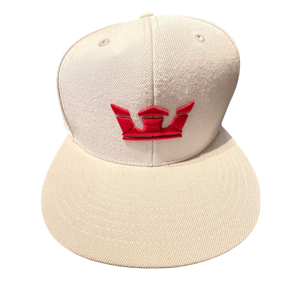 Supra Snapback Hat Mens OSFA Off White Red Crown Logo Skate Streetwear Excellent